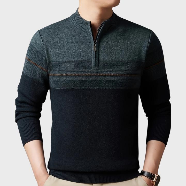 Men's Regular Fit Striped Knit Pullover with Crew Neck Quarter-Zip