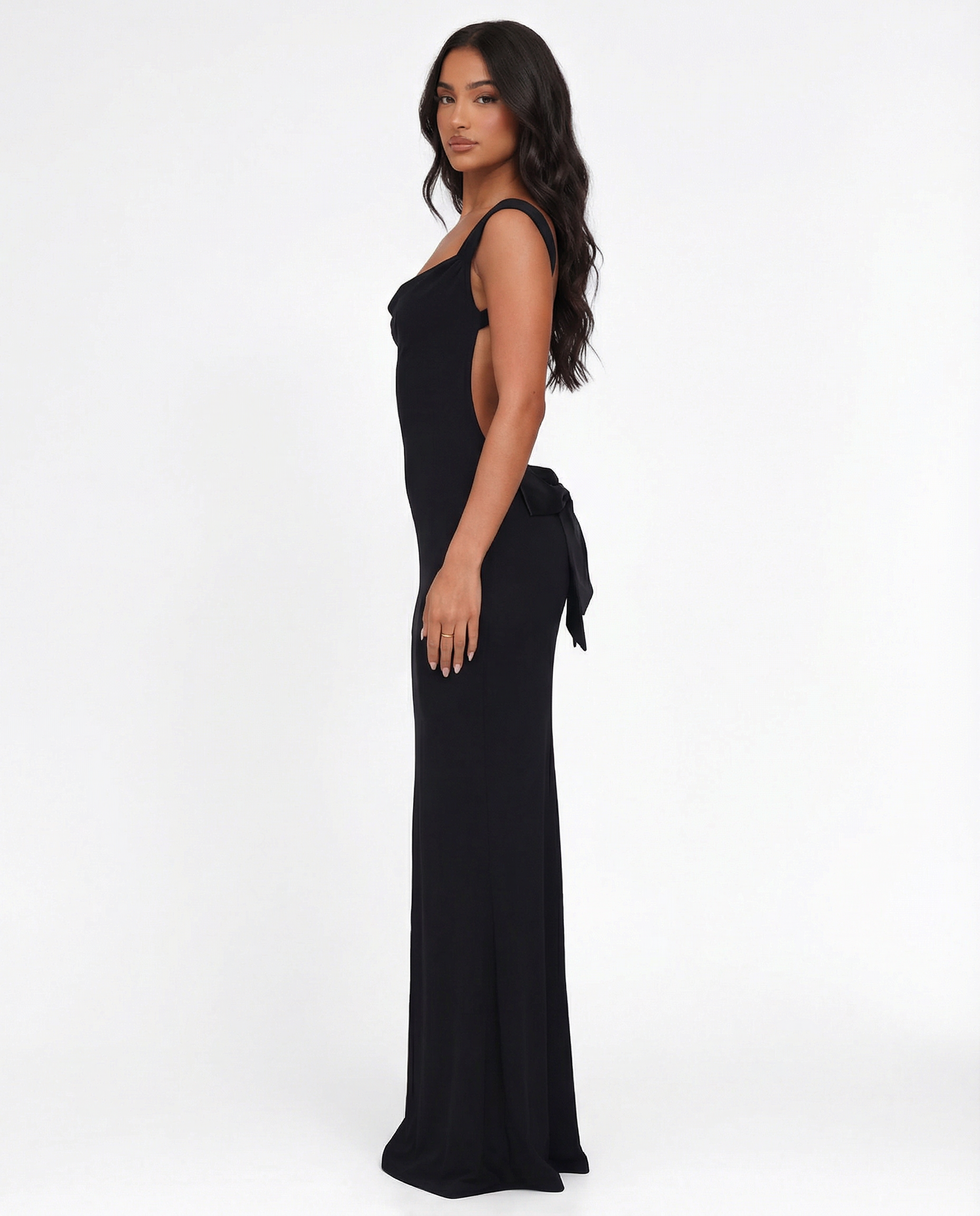 Cowl Neck Open Back Bow Occasion Maxi Dress
