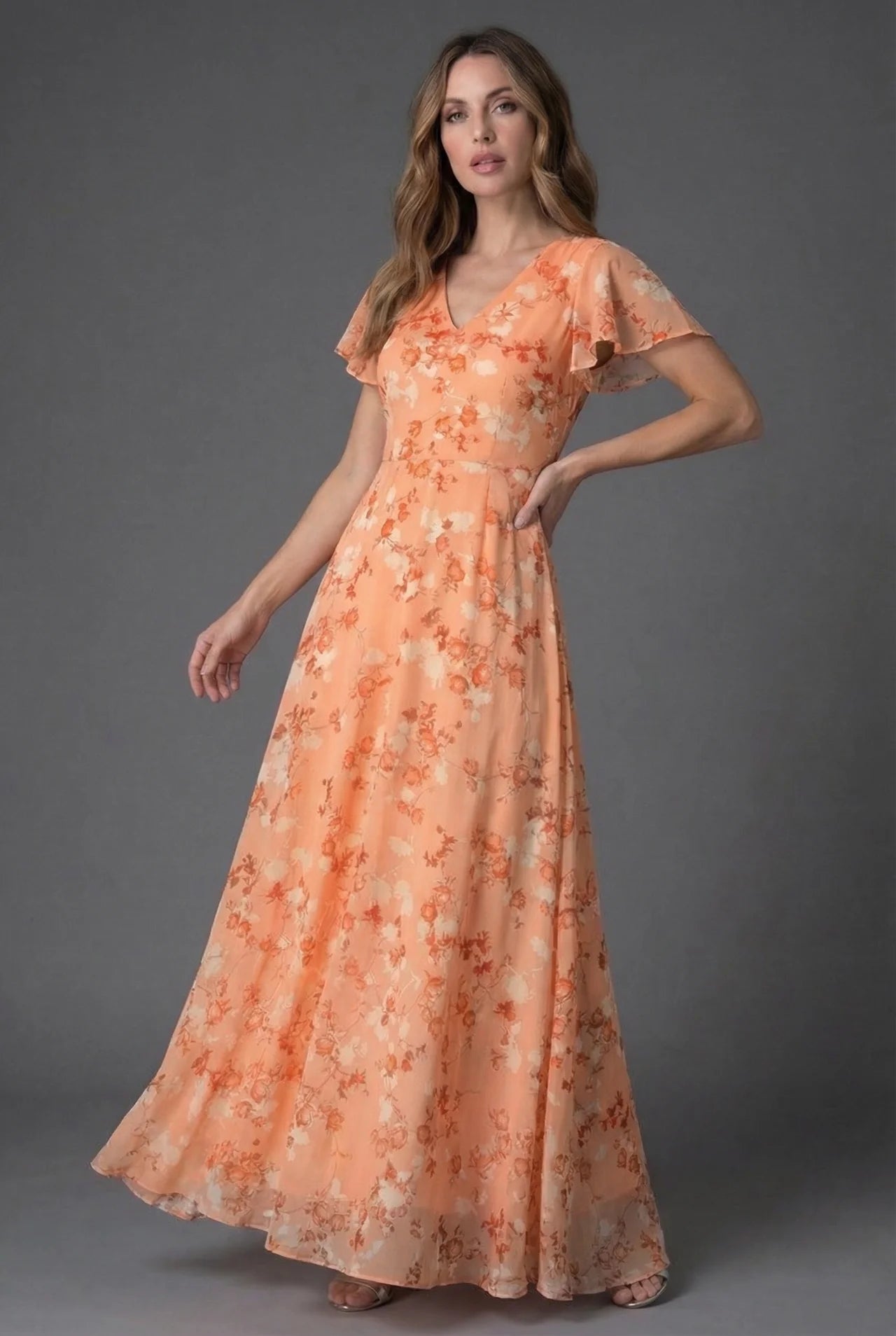 Flutter Sleeve Floral Maxi Wedding Guest Dress