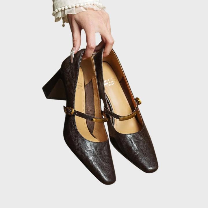 Women's Shiny Square Toe Pump with Metallic Strap