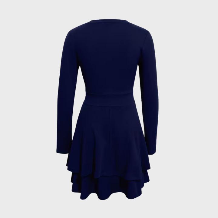 Women’s Solid Color Long-Sleeve V-Neck Layered Hem Fit-and-Flare Dress