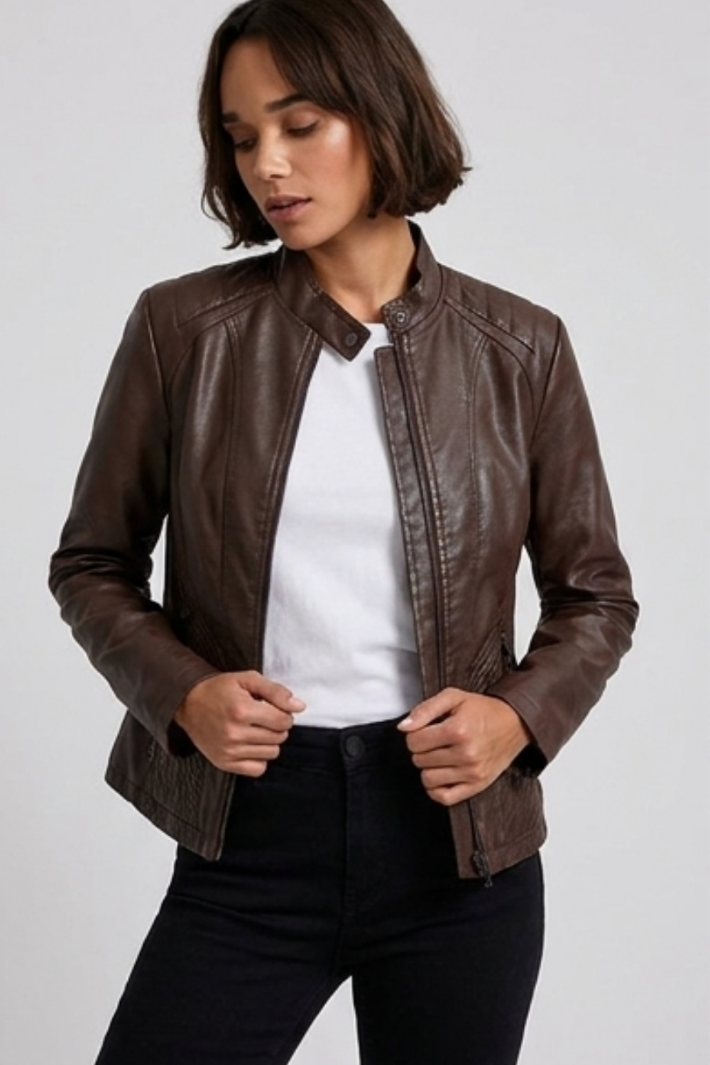 Leather Style Long Sleeve Biker Jacket Women