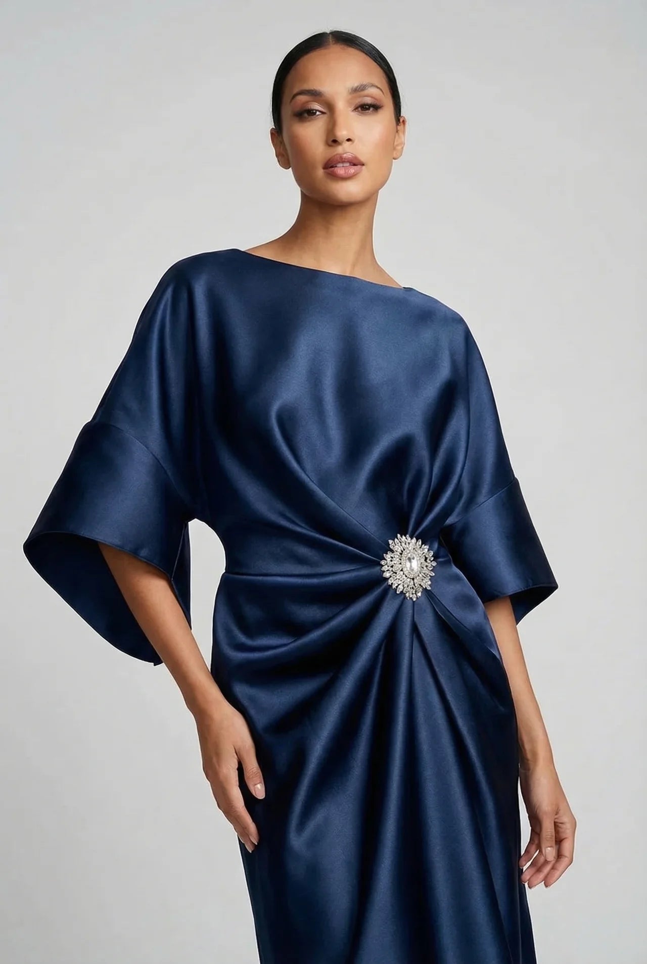 Wedding Guest Satin Style Batwing Jewel Midi Dress