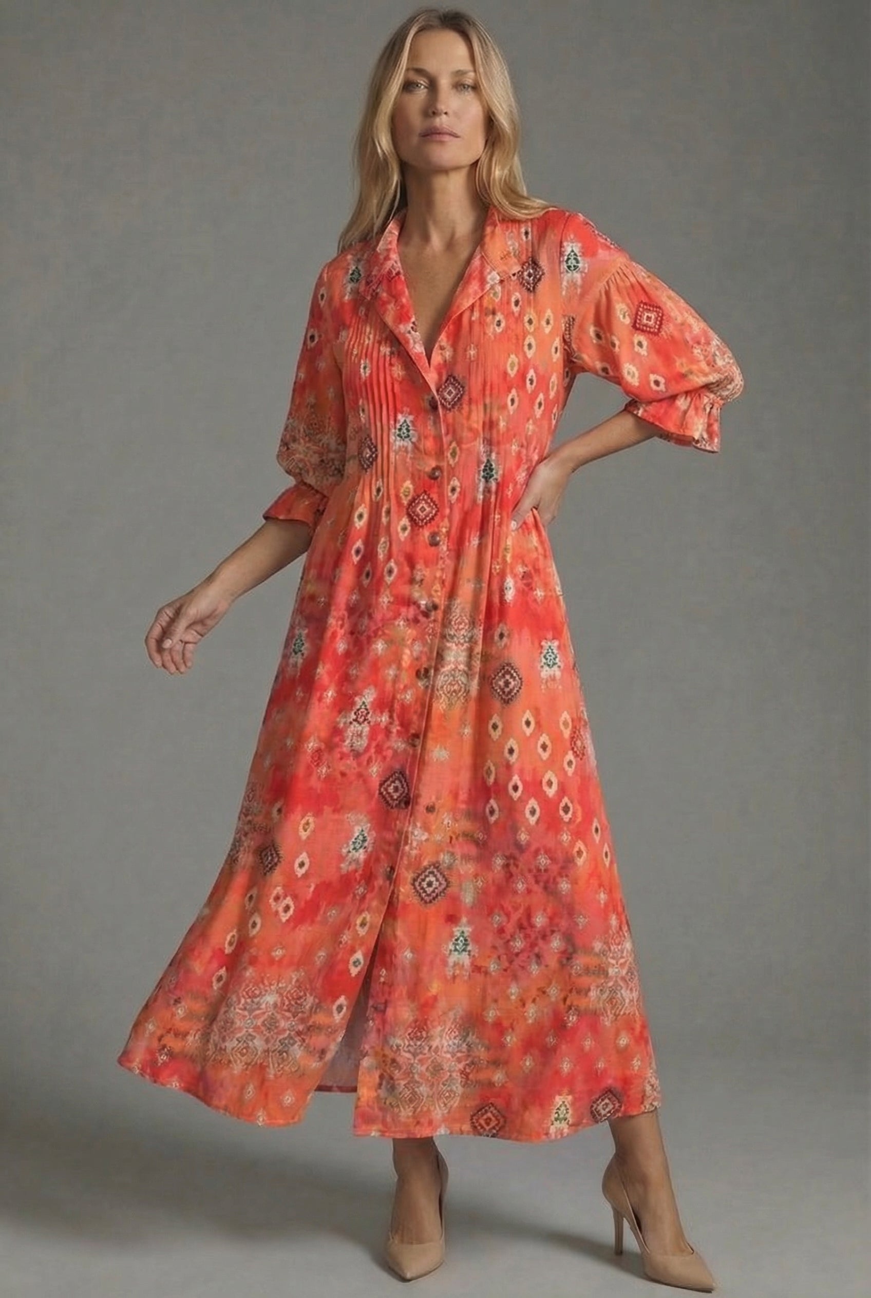 Botanical Pintuck Bodice Button Front Maxi Dress