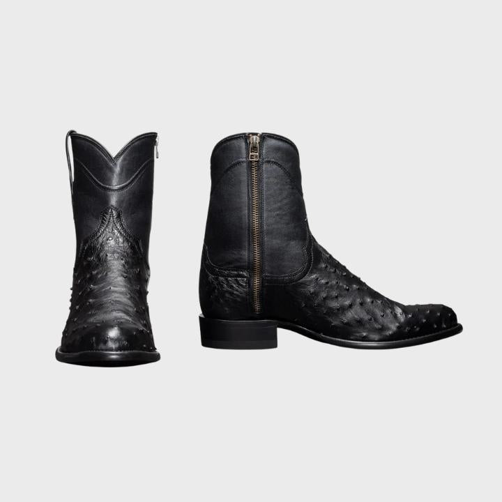 Men's Black Ostrich Print Western Side Zip Ankle Boots