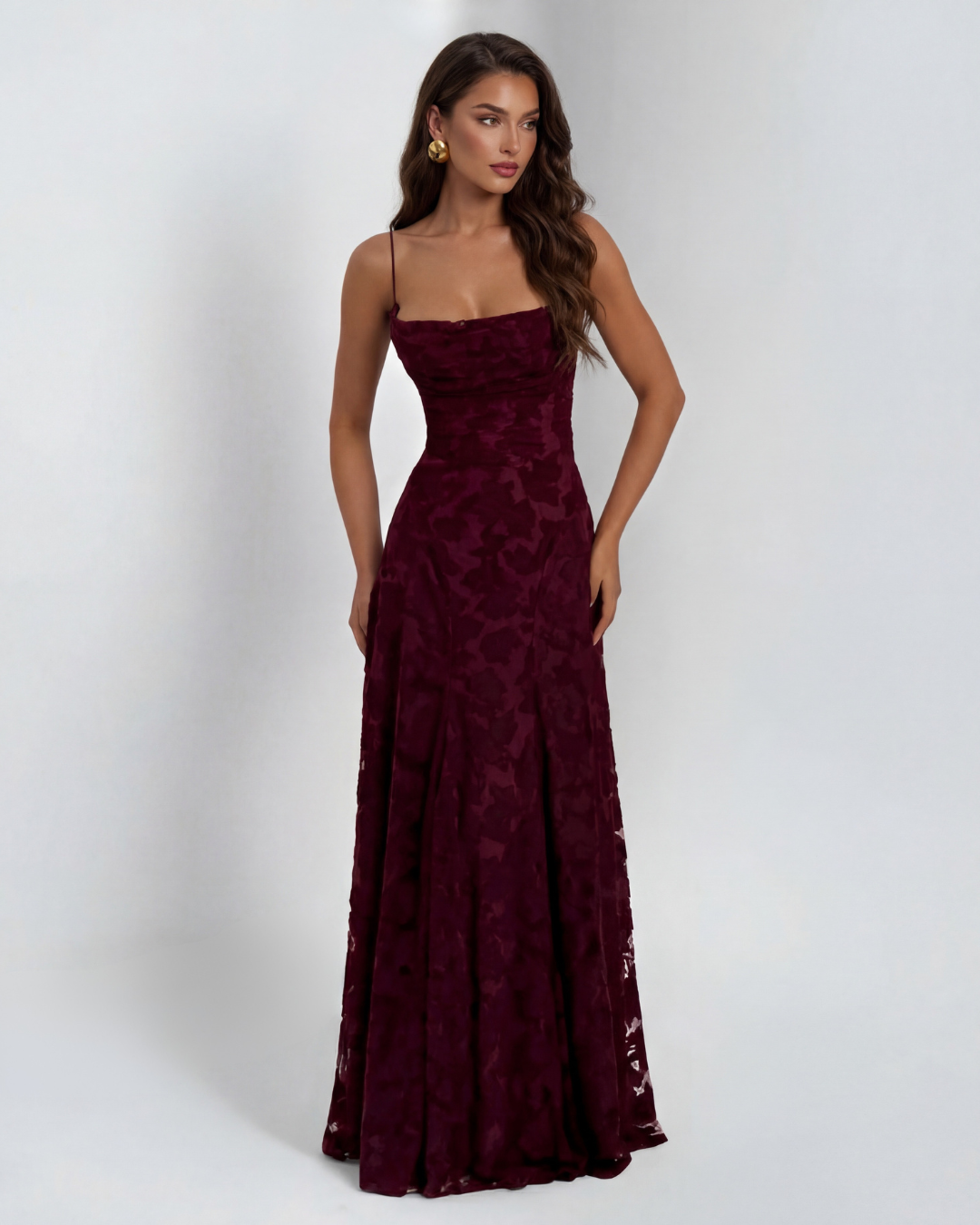 Strappy Cowl Neck Floral Textured Occasion Maxi Dress