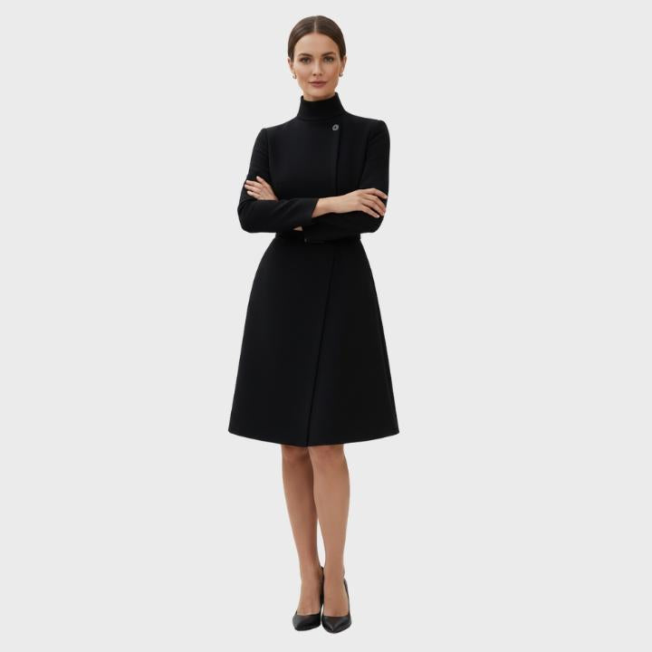 Women’s High Neck Formal Asymmetric Belted Midi Dress Coat