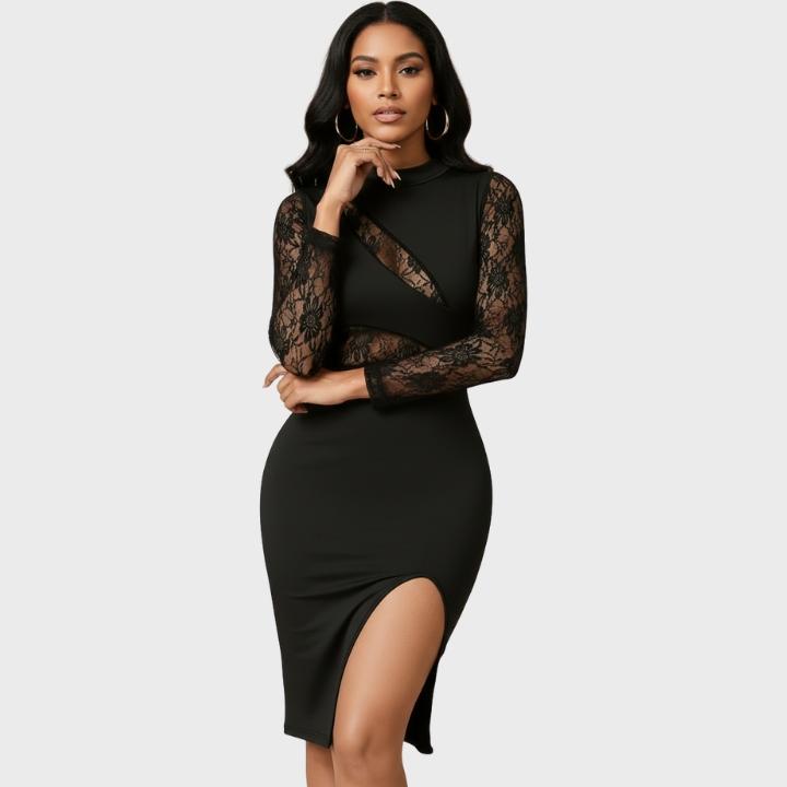 Women's Elegant Semi-Sheer Lace Panel Black Bodycon Dress