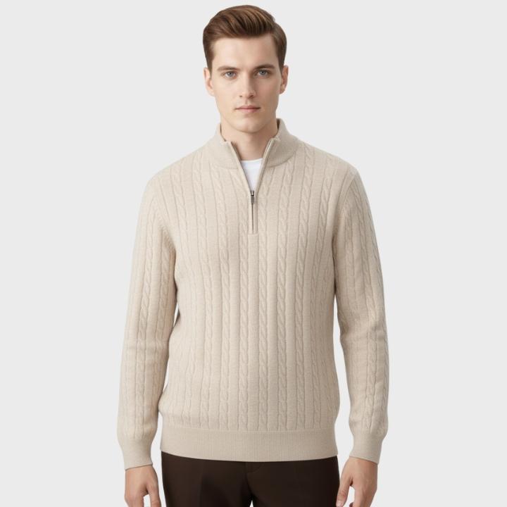Men's Neutral Textured Quarter Zip Cable Knit Embroidery Jumper