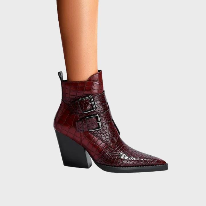 Women's Croc Embossed Double Buckle Ankle Boot
