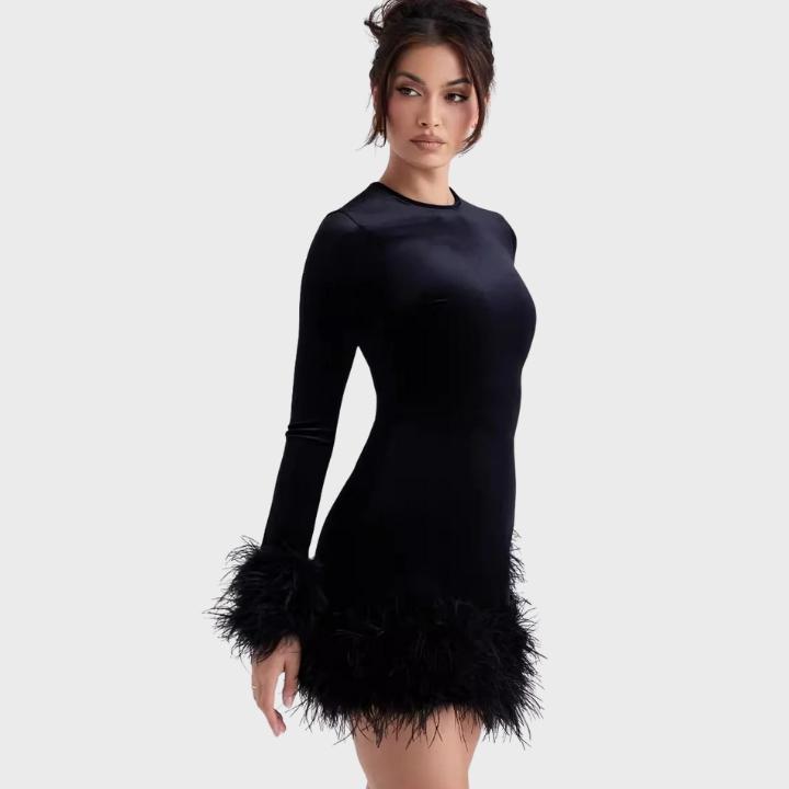 Women's Black Long Sleeve Feather Hem Dress