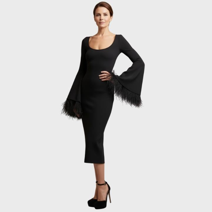 Women's Black Long Sleeve Feather Trim Pencil Dress