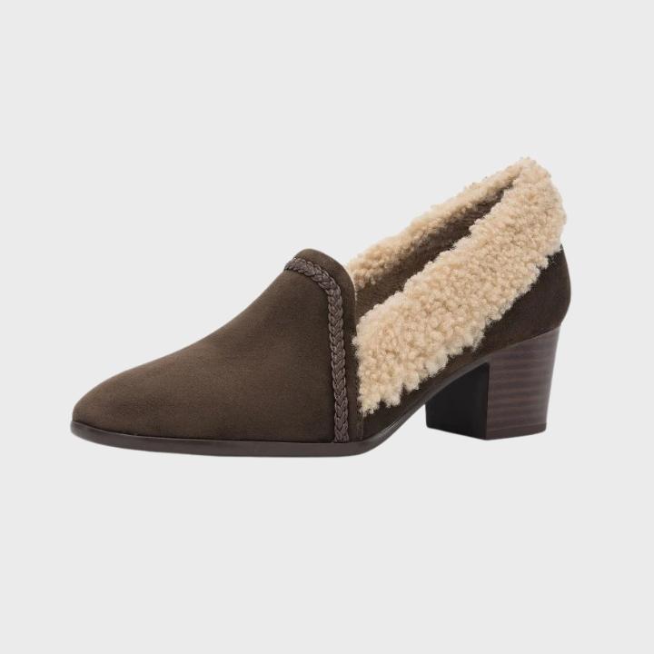 Women's Slip On Block Heel Shoe with Shearling Trim