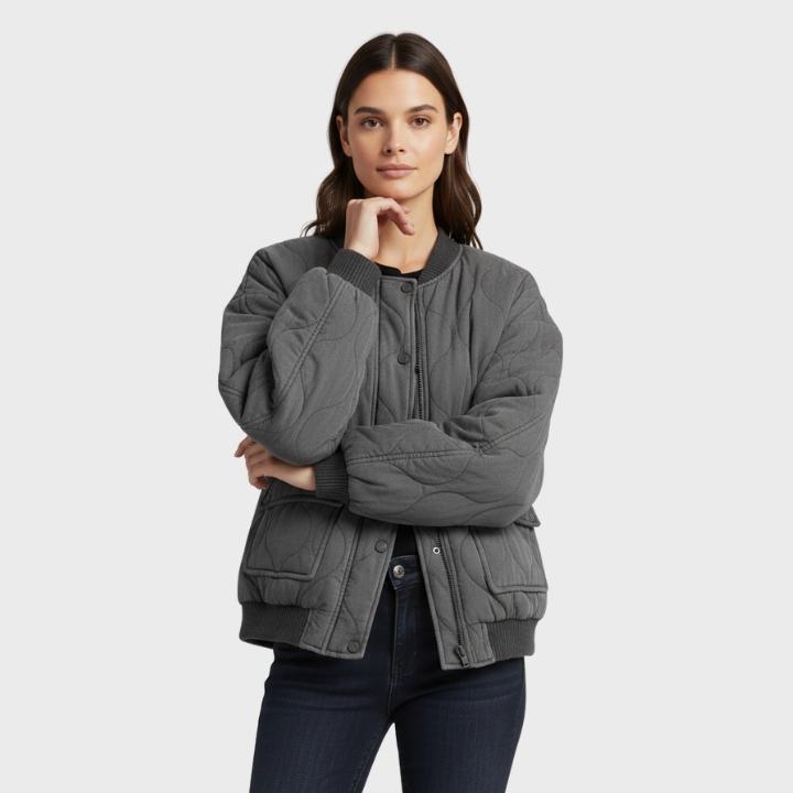Women's Gray Oversized Quilted Bomber Jacket