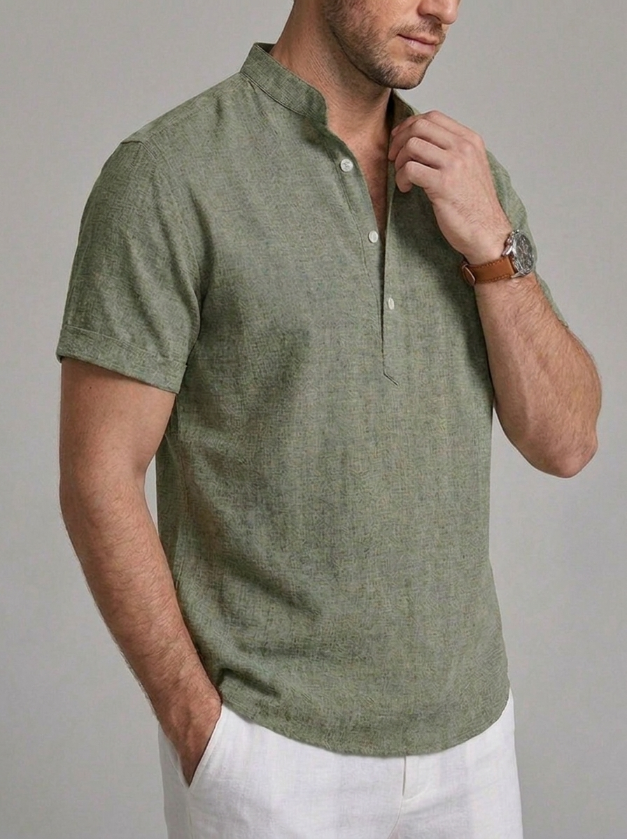 Linen Style Short Sleeve Henley Comfortable Shirt Men
