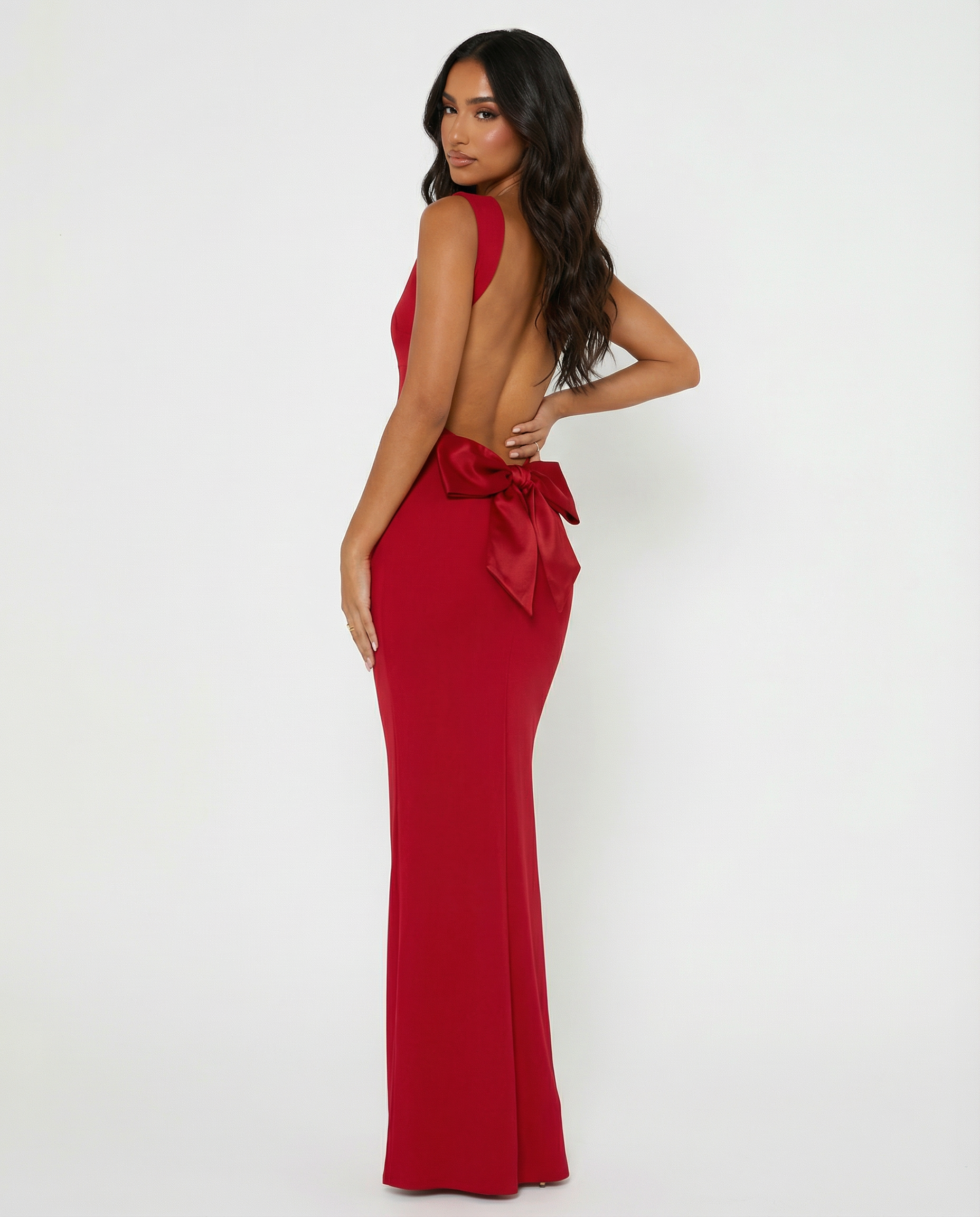 Cowl Neck Open Back Bow Occasion Maxi Dress