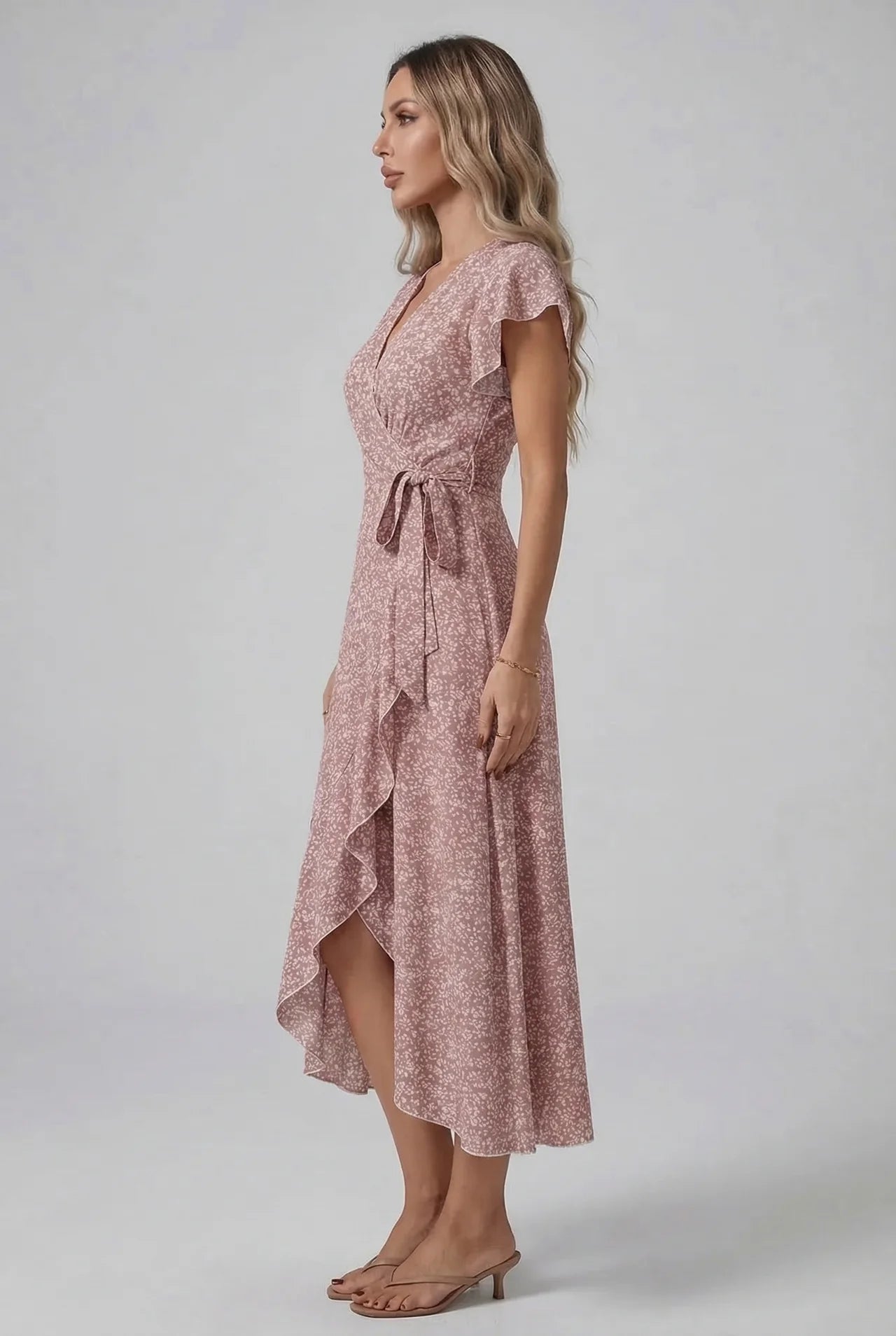 Small Floral Print Wrap V Neck Ruffle Sleeve Maxi Dress