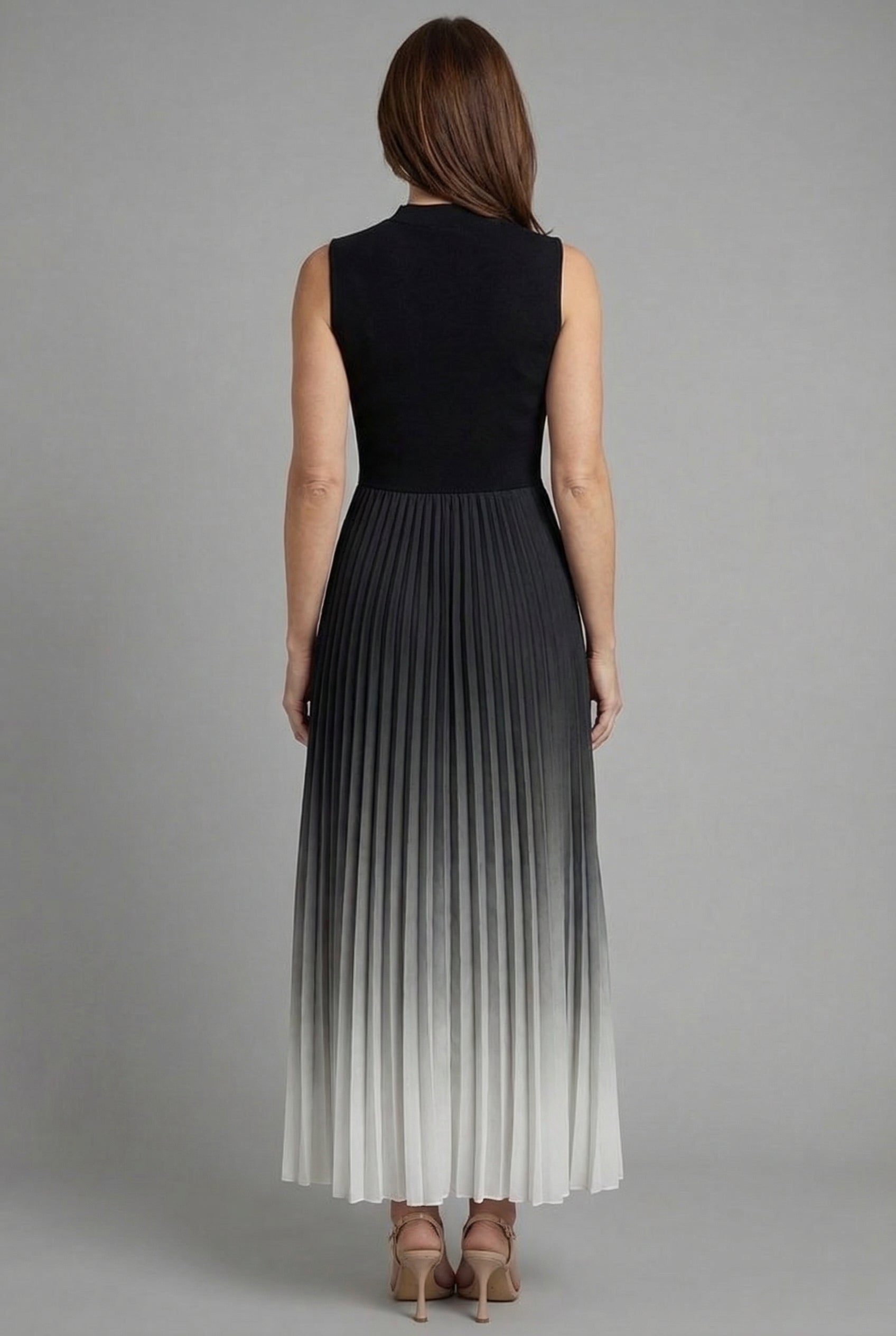 Ombre Pleated Fit Flare Sleeveless Midi Dress