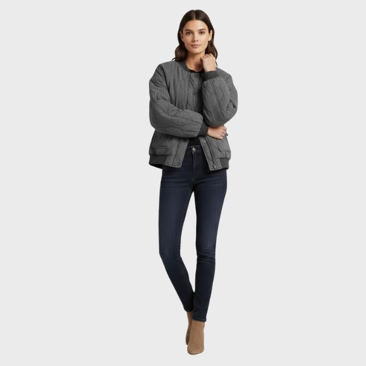 Women's Gray Oversized Quilted Bomber Jacket