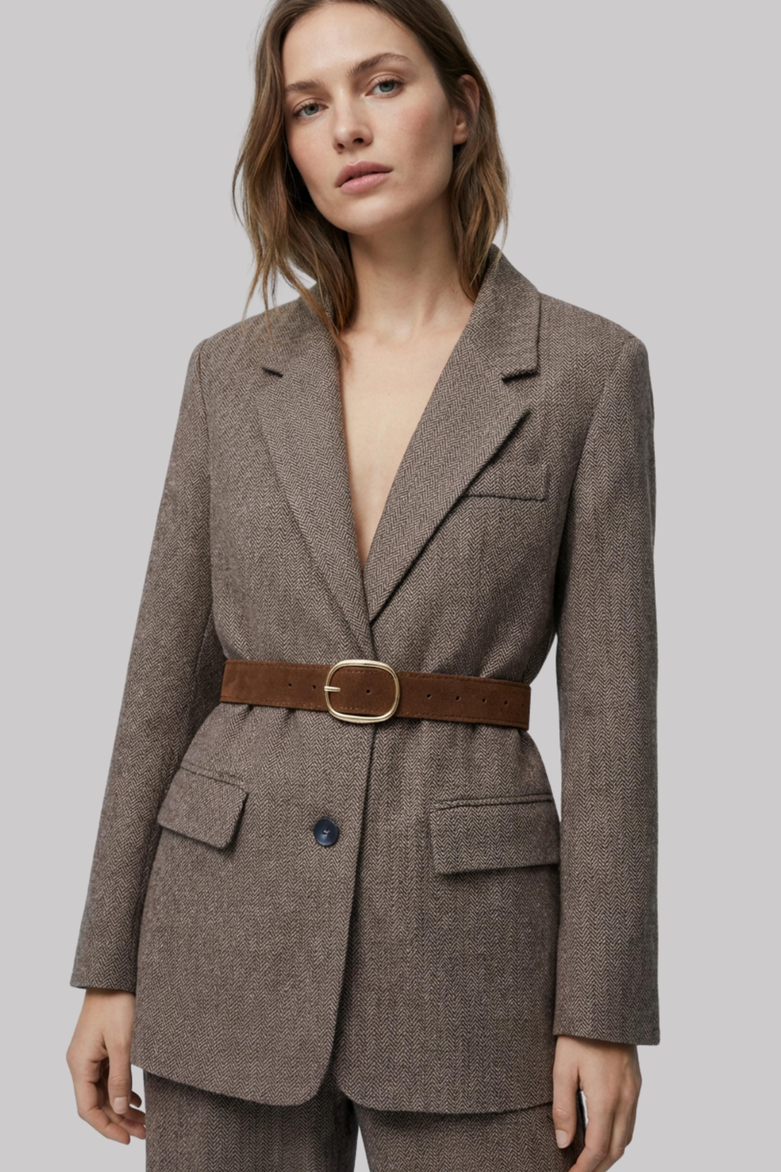 Women’s Vintage-Style Belted Blazer Brown Jacket