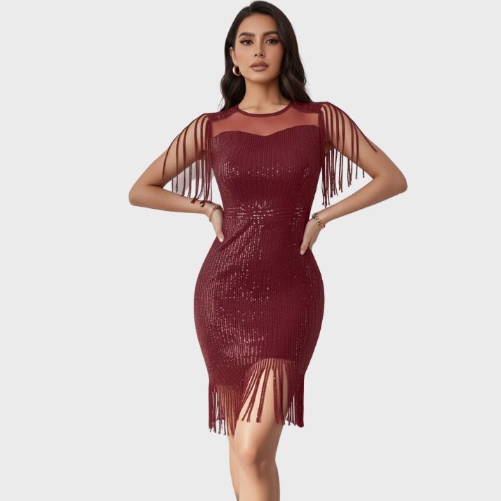 Women's High-Waisted Sequin Bodycon Evening Dress with Fringe Hem
