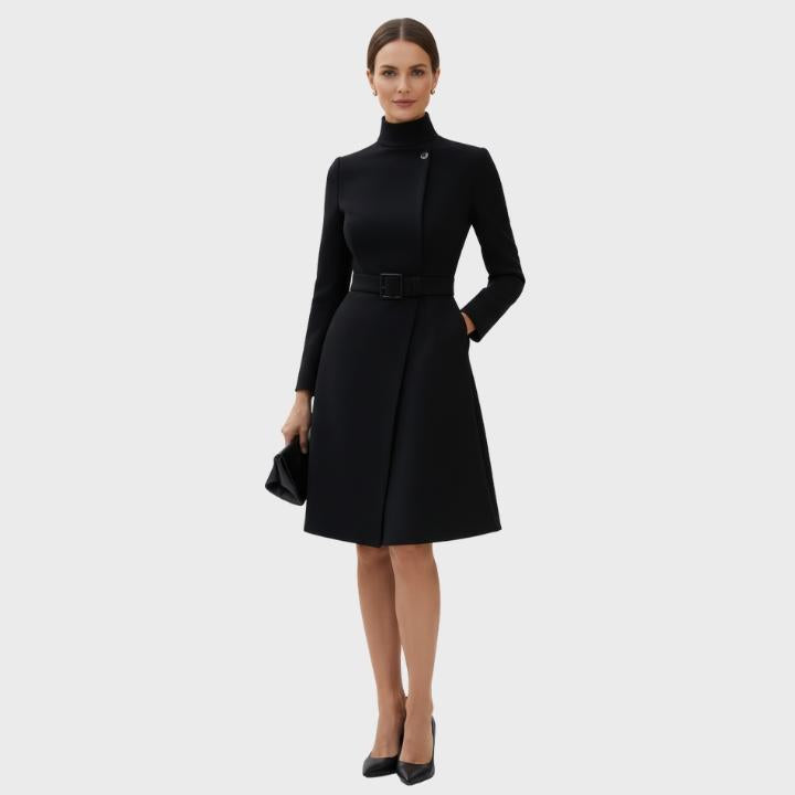 Women’s High Neck Formal Asymmetric Belted Midi Dress Coat