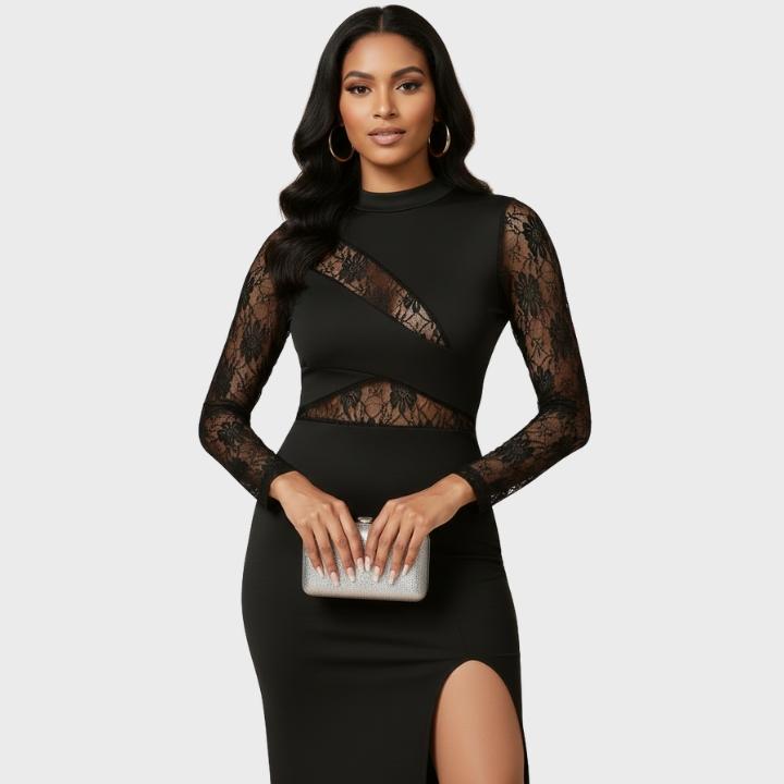 Women's Elegant Semi-Sheer Lace Panel Black Bodycon Dress