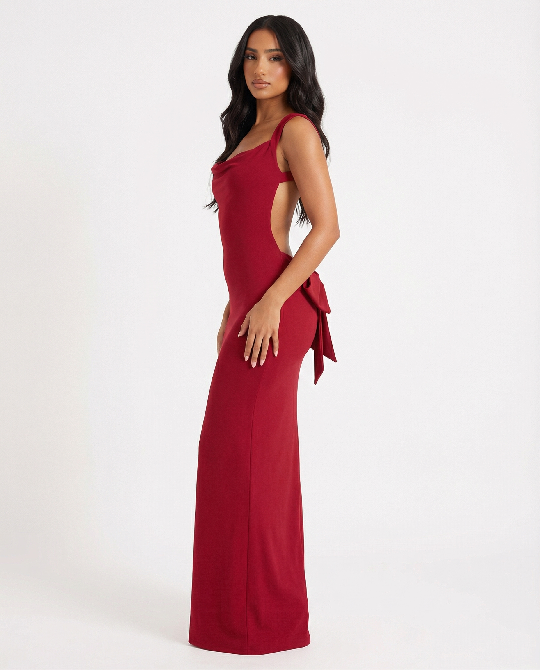 Cowl Neck Open Back Bow Occasion Maxi Dress