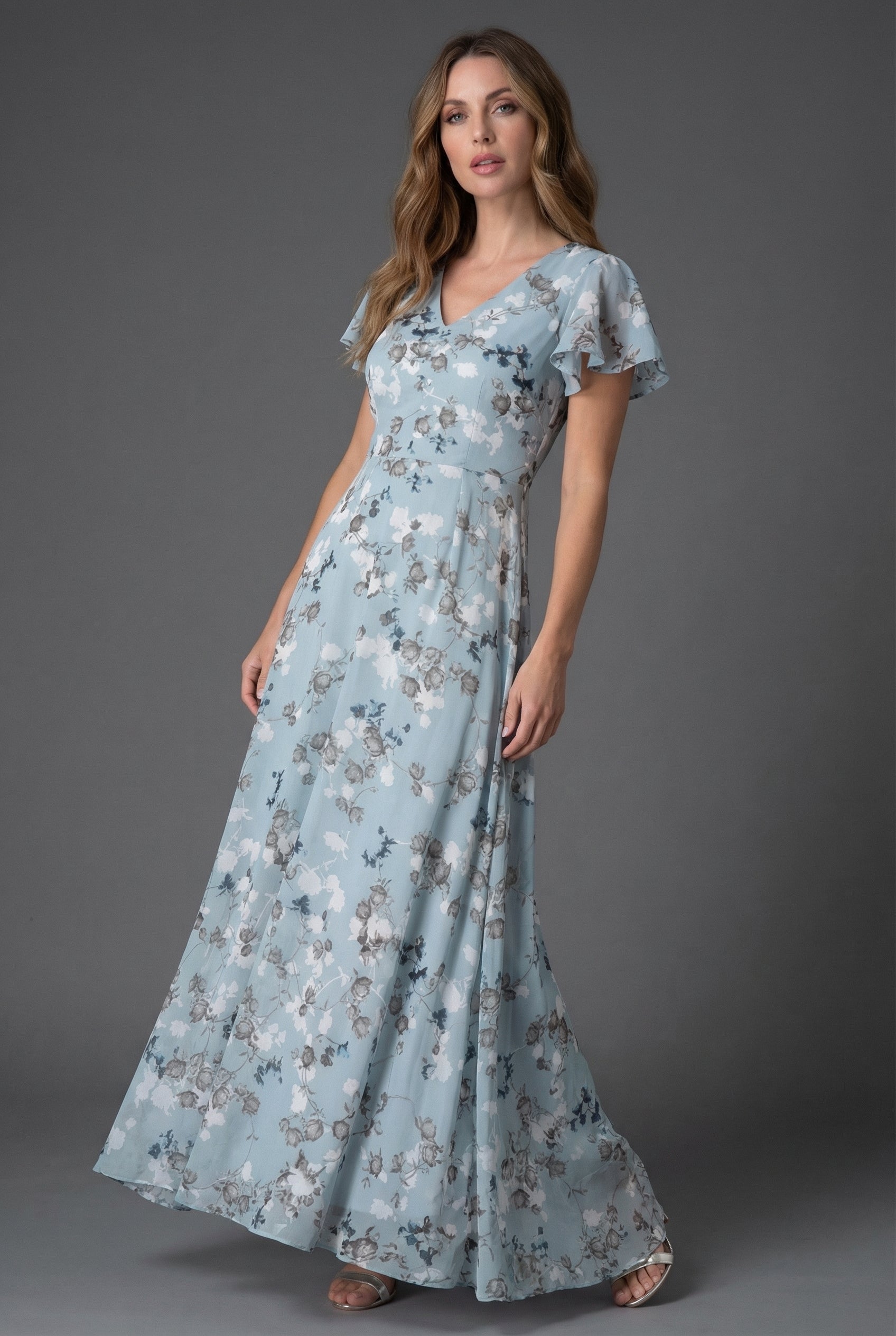 Flutter Sleeve Floral Maxi Wedding Guest Dress