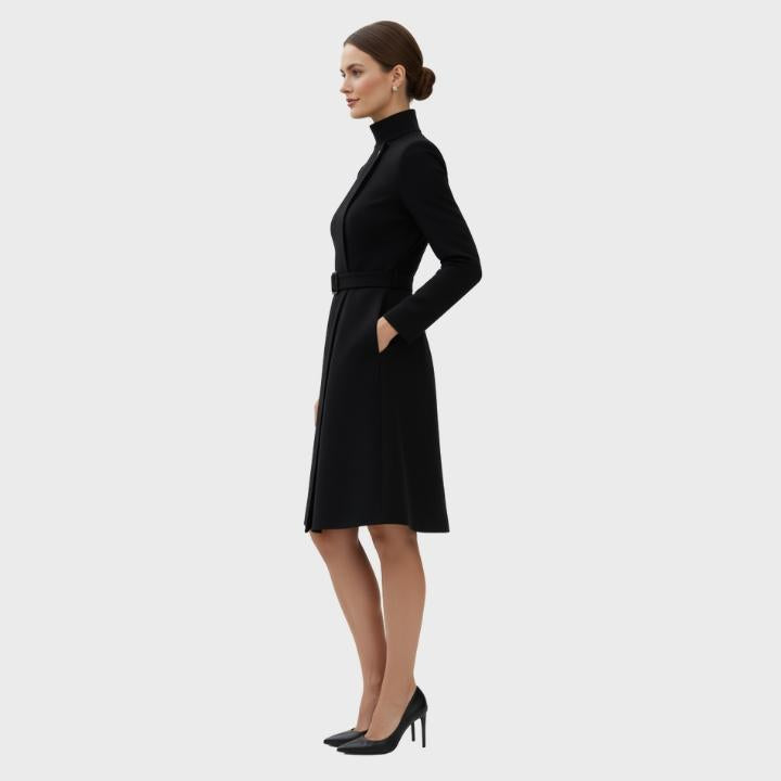 Women’s High Neck Formal Asymmetric Belted Midi Dress Coat