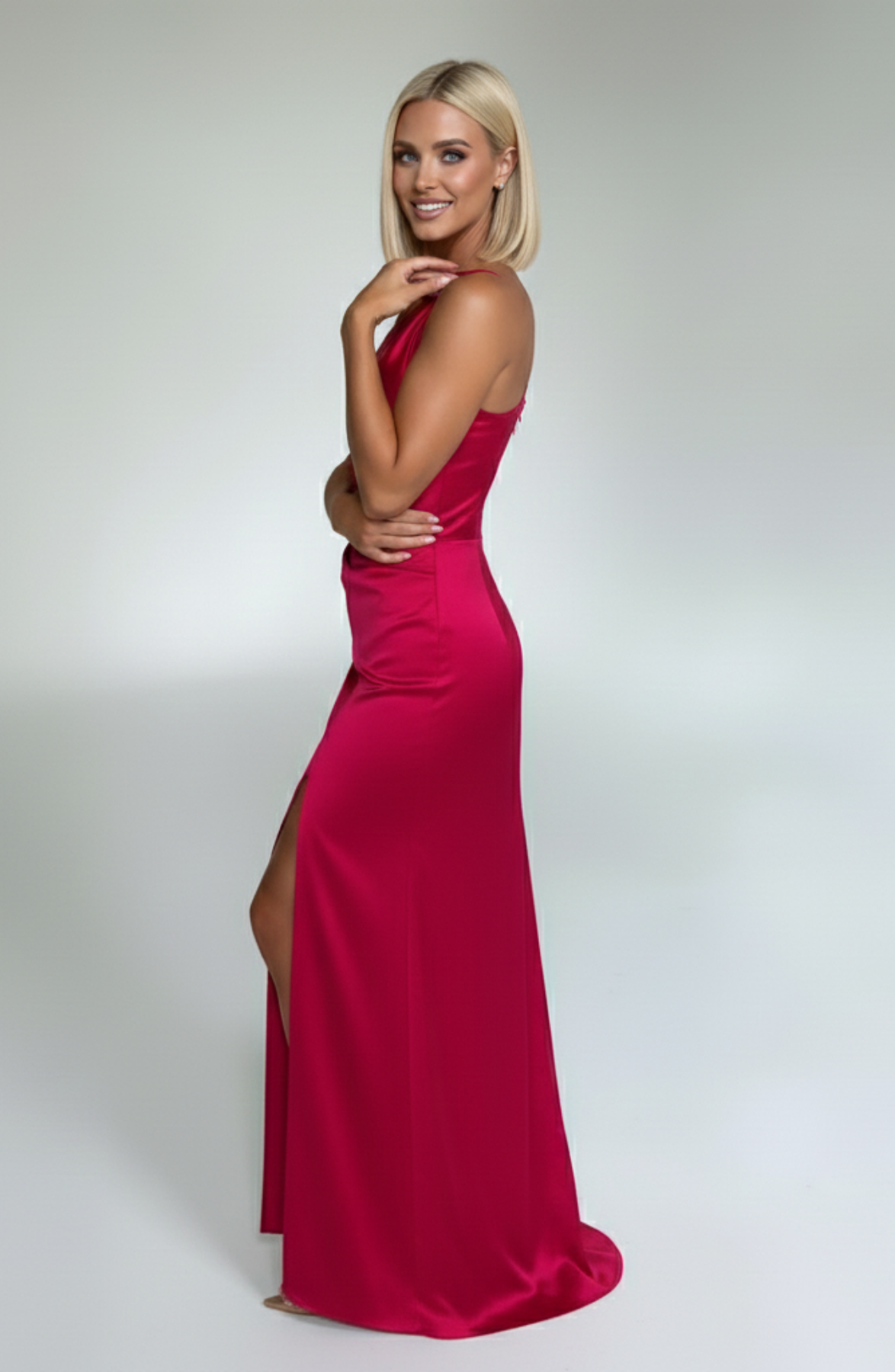 One Shoulder Satin Style Split Occasion Maxi Dress