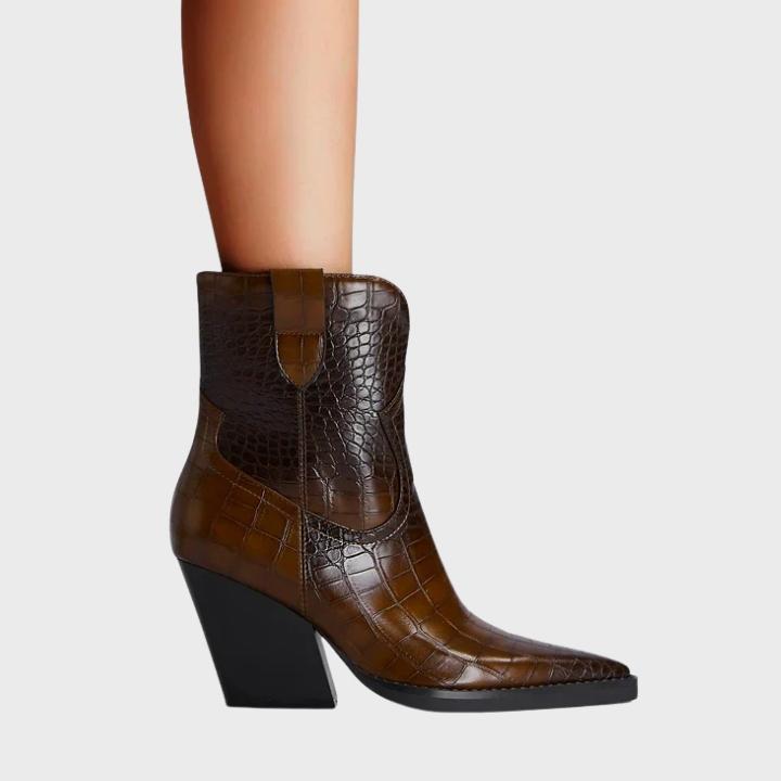 Women's Croc Embossed Pointed Mid Calf Boot