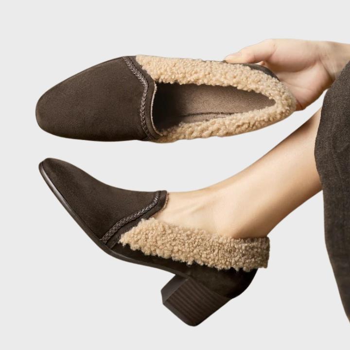 Women's Slip On Block Heel Shoe with Shearling Trim