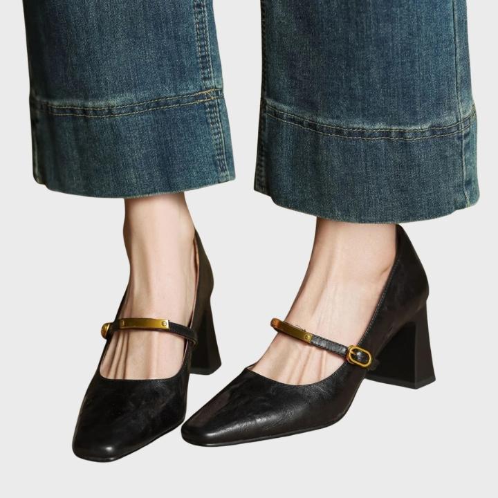 Women's Shiny Square Toe Pump with Metallic Strap