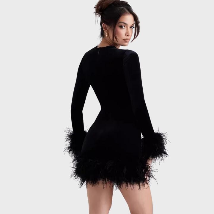 Women's Black Long Sleeve Feather Hem Dress