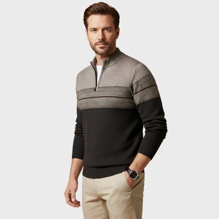 Men's Regular Fit Striped Knit Pullover with Crew Neck Quarter-Zip