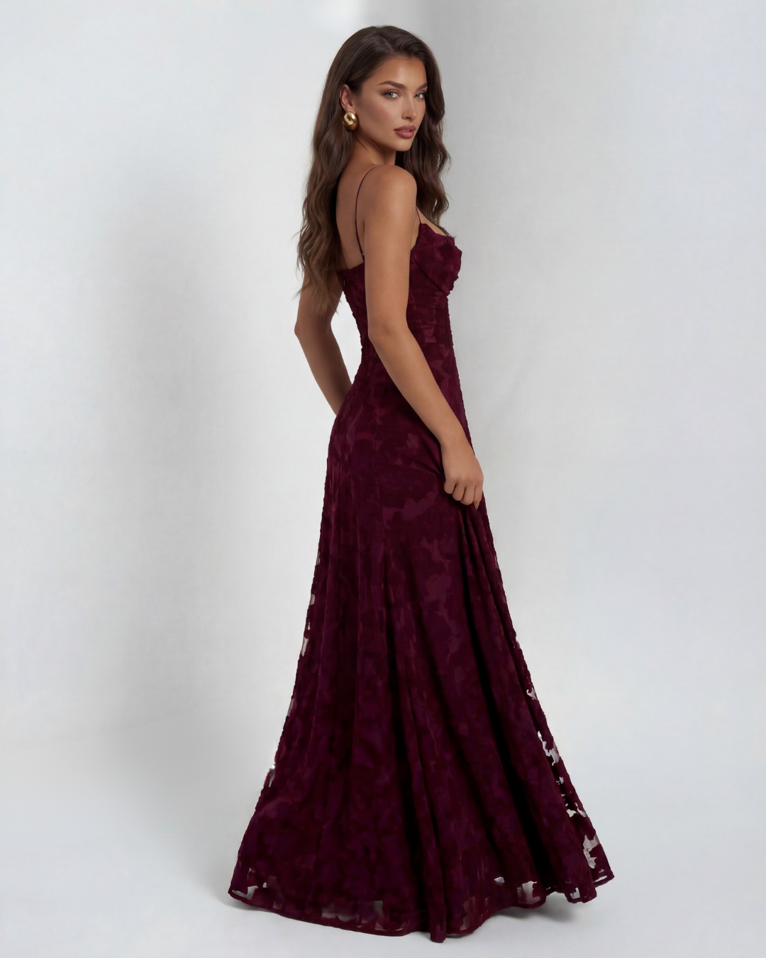 Strappy Cowl Neck Floral Textured Occasion Maxi Dress