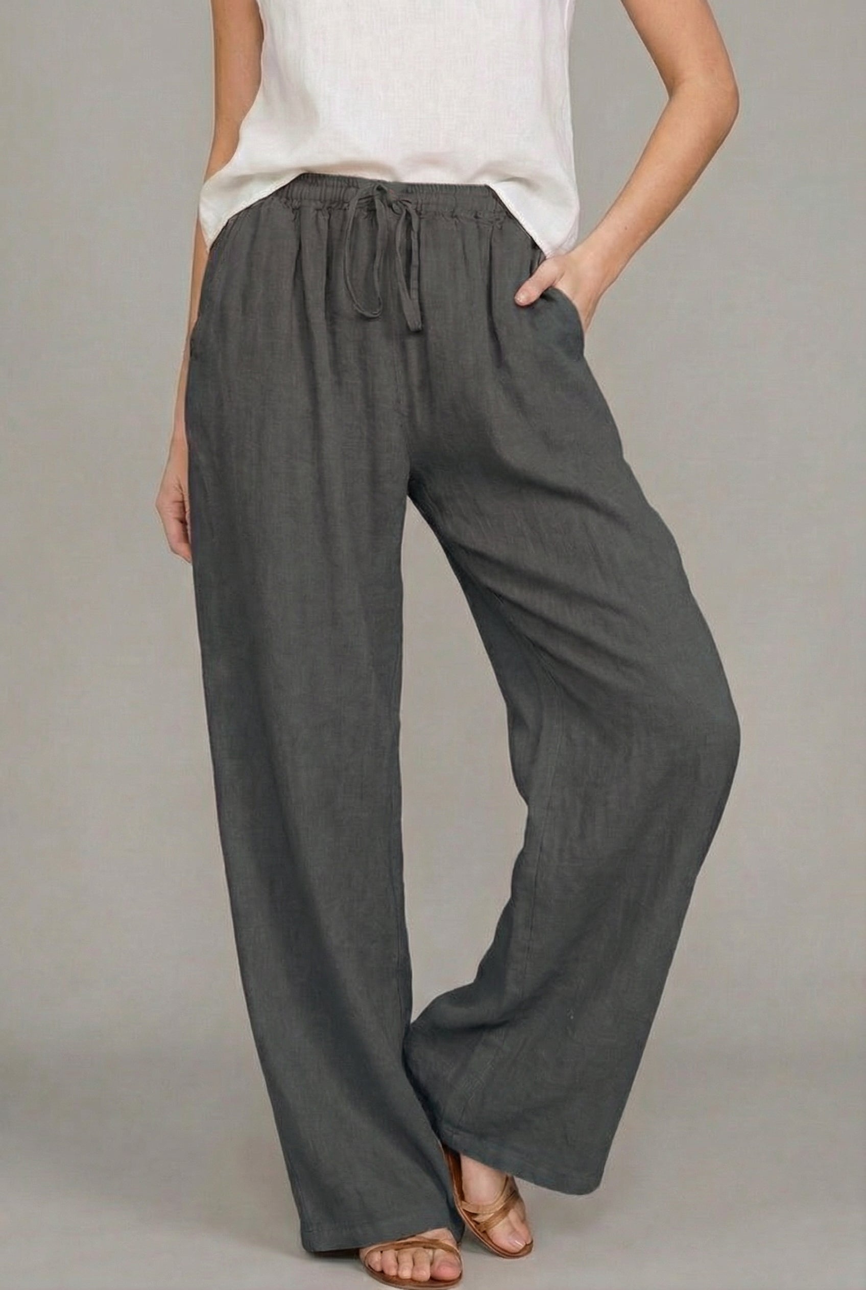 Women's Linen Style Wide Leg Drawstring Summer Trousers