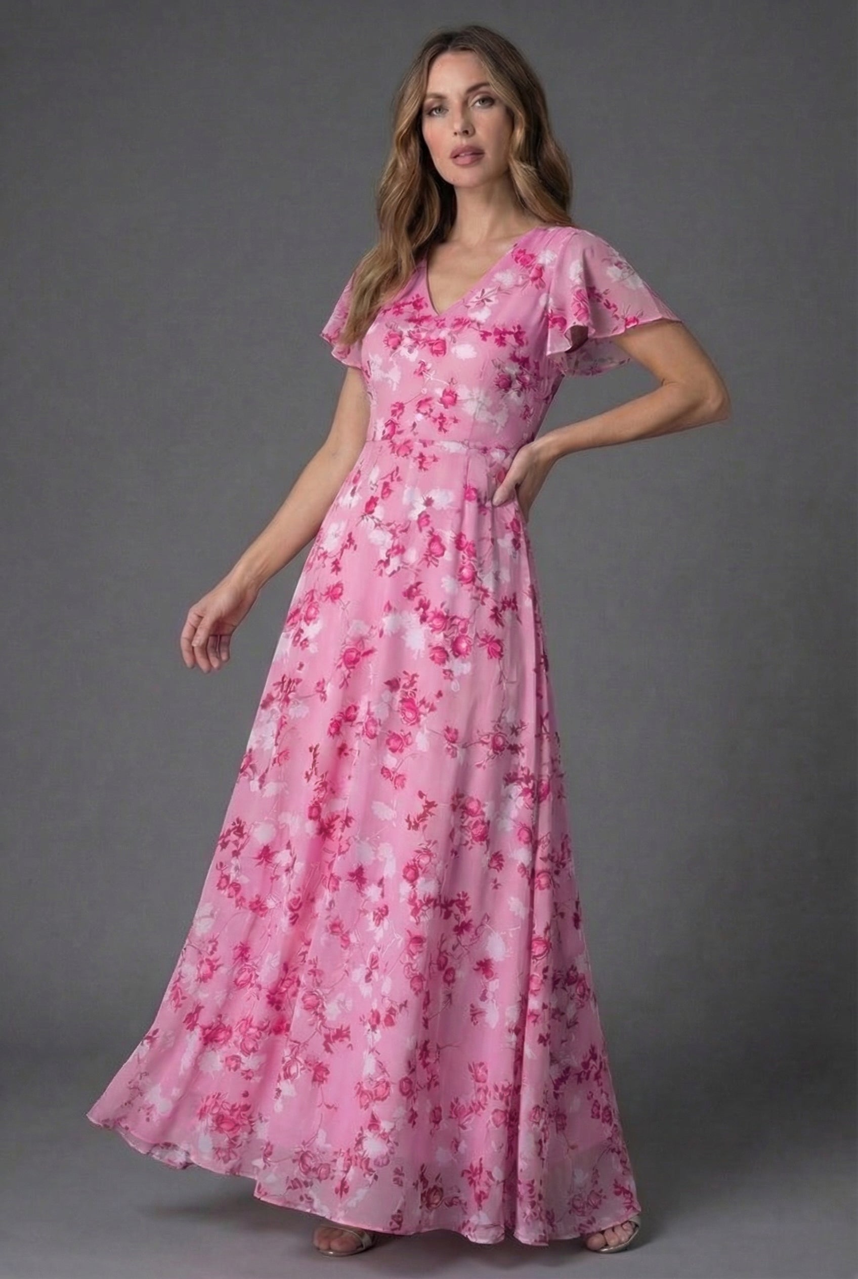 Flutter Sleeve Floral Maxi Wedding Guest Dress