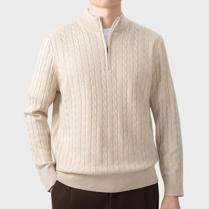 Men's Neutral Textured Quarter Zip Cable Knit Embroidery Jumper