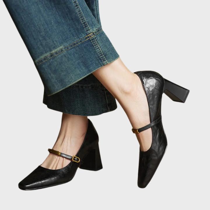 Women's Shiny Square Toe Pump with Metallic Strap