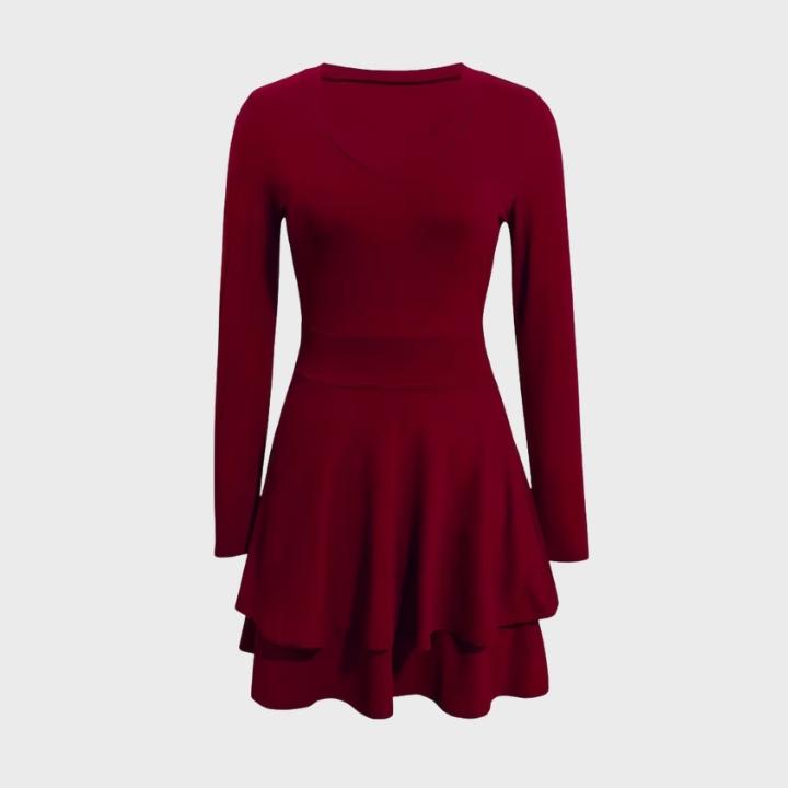 Women’s Solid Color Long-Sleeve V-Neck Layered Hem Fit-and-Flare Dress