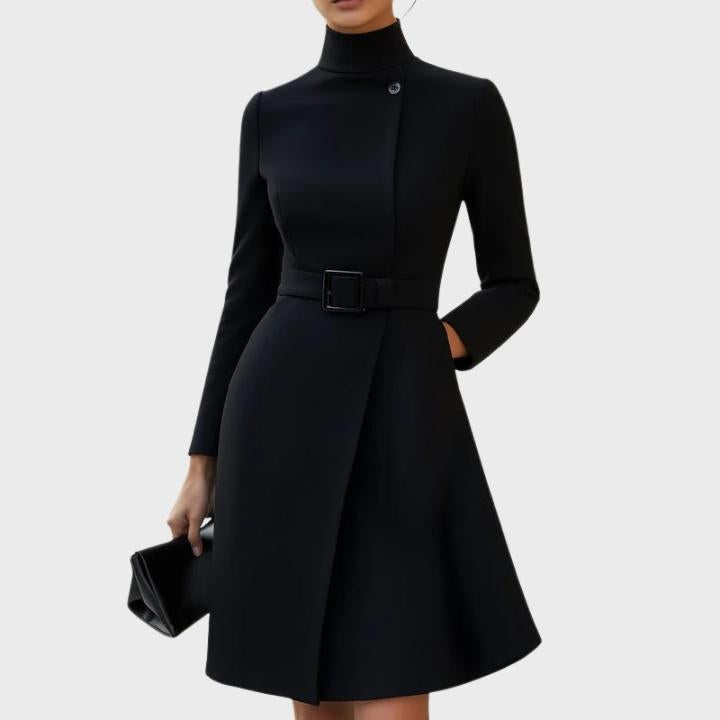 Women’s High Neck Formal Asymmetric Belted Midi Dress Coat