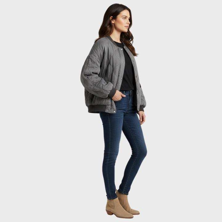 Women's Gray Oversized Quilted Bomber Jacket
