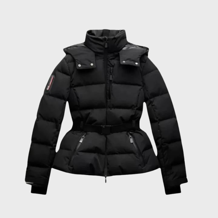 Women's Black hooded Puffer Jacket with Belt High Collar