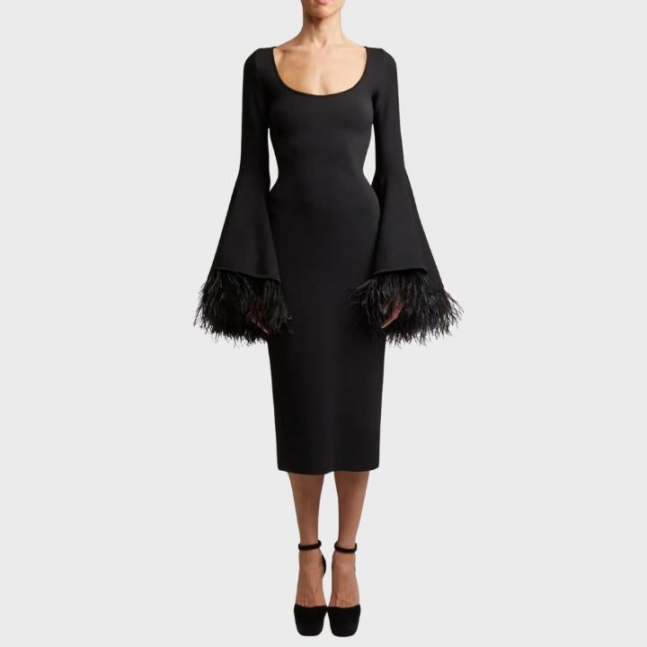 Women's Black Long Sleeve Feather Trim Pencil Dress