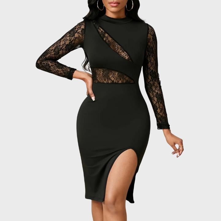 Women's Elegant Semi-Sheer Lace Panel Black Bodycon Dress