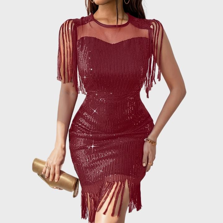 Women's High-Waisted Sequin Bodycon Evening Dress with Fringe Hem