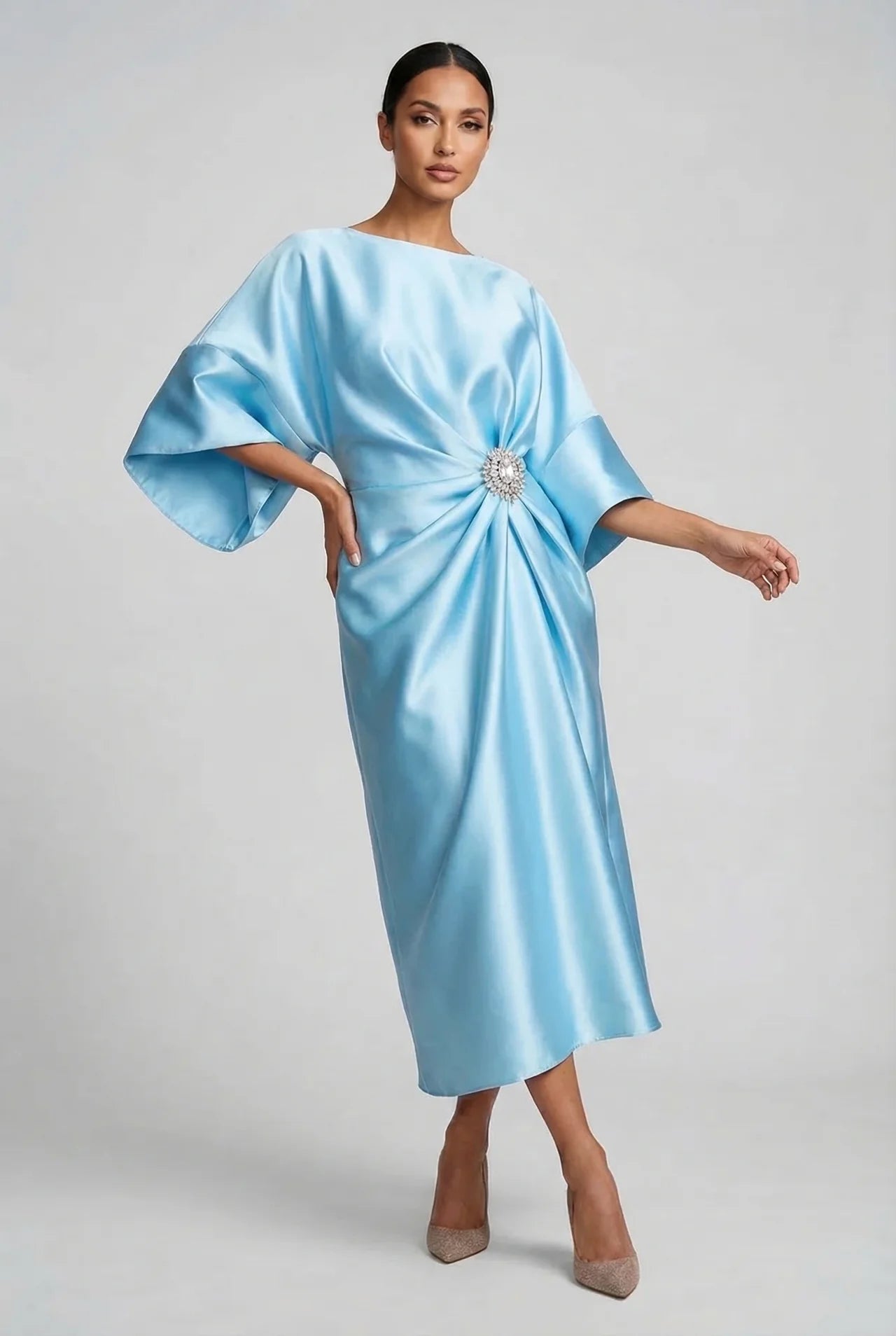 Wedding Guest Satin Style Batwing Jewel Midi Dress