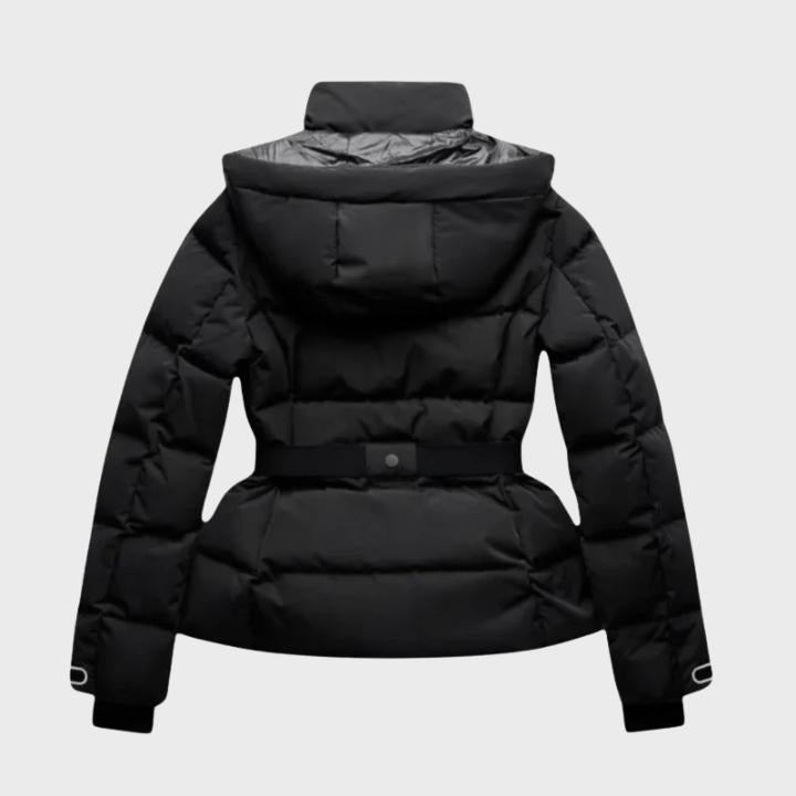 Women's Black hooded Puffer Jacket with Belt High Collar